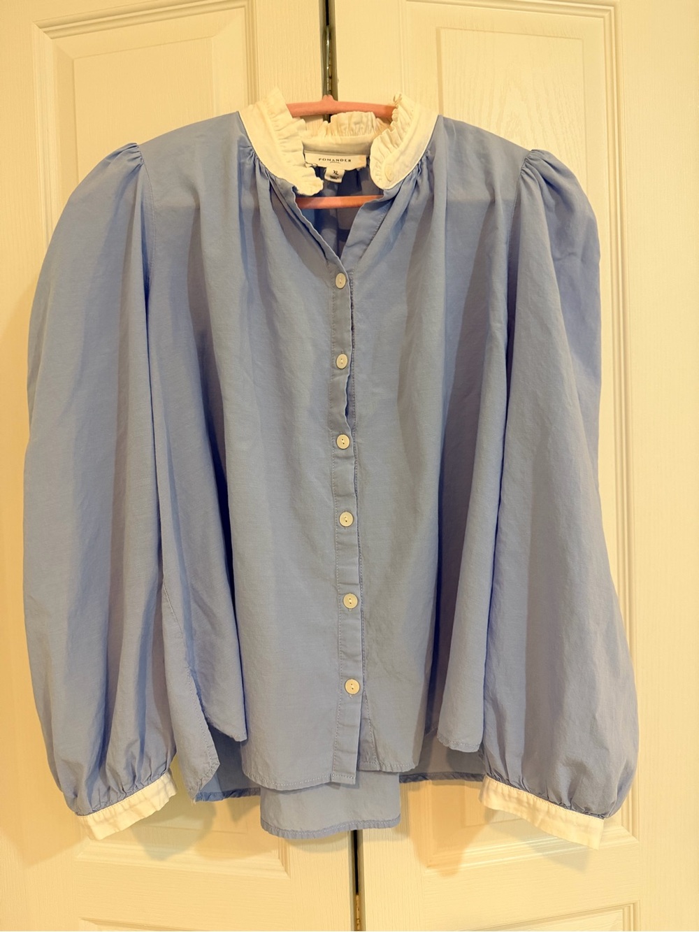 Light Blue Puff-Sleeve Button-Front Shirt with White Ruffle Collar